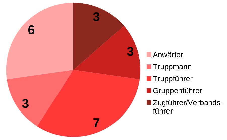 Tortendiagramm: 3 Zugführer/Verbandsführer; 3 Gruppenführer; 7 Truppführer; 3 Truppmänner; 6 Anwärter